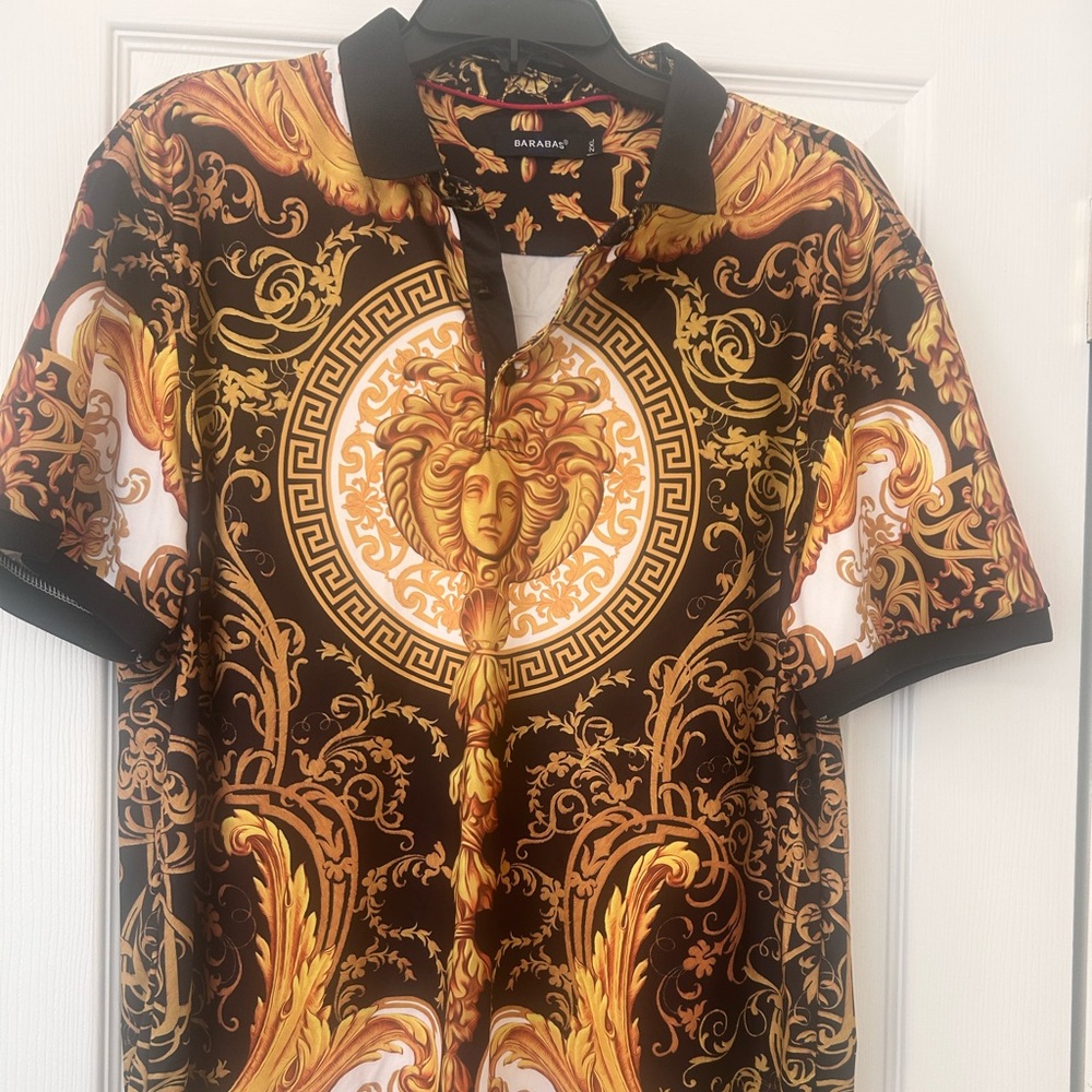 Vintage Barabas Men's Polo Gold and Black Short Sleeve Shirt 2XL 23 x 29